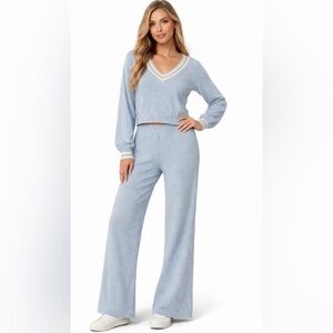 Forever 21 Blue Knit Lounge Set Crop Sweater Wide Leg Pants Preppy Large NWT